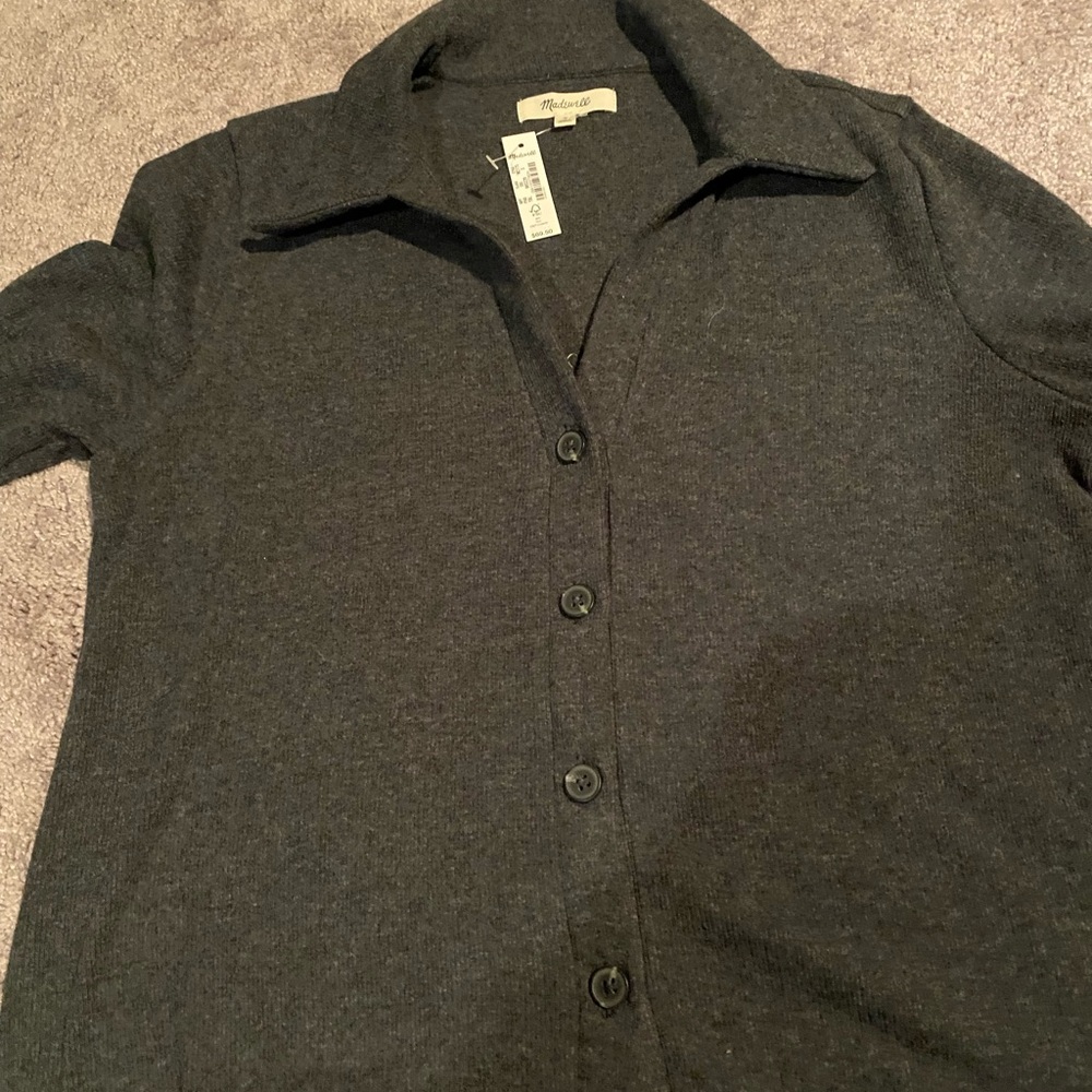 NWT MADEWELL CARDIGAN SWEATER W/COLLAR DARK GREY sz SMALL